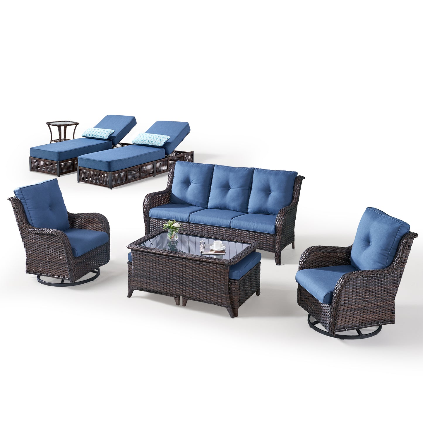 9-Piece Wicker Patio Lounge Set – Sofa, 2 Swivel Rocker Chairs, Coffee Table, 2 Ottomans, 2 Adjustable Chaise Lounges & Side Table, NTC Series