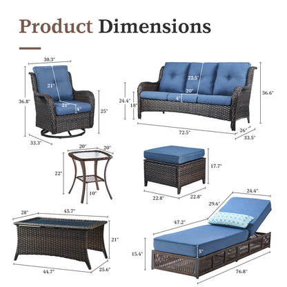 9-Piece Wicker Patio Lounge Set – Sofa, 2 Swivel Rocker Chairs, Coffee Table, 2 Ottomans, 2 Adjustable Chaise Lounges & Side Table, NTC Series