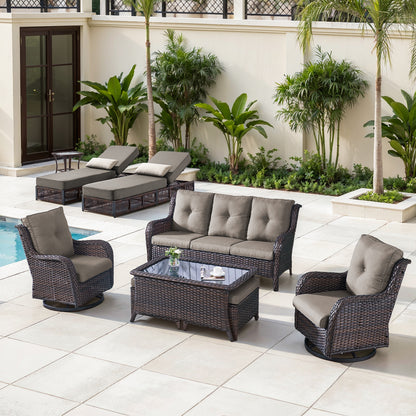 9-Piece Wicker Patio Lounge Set – Sofa, 2 Swivel Rocker Chairs, Coffee Table, 2 Ottomans, 2 Adjustable Chaise Lounges & Side Table, NTC Series