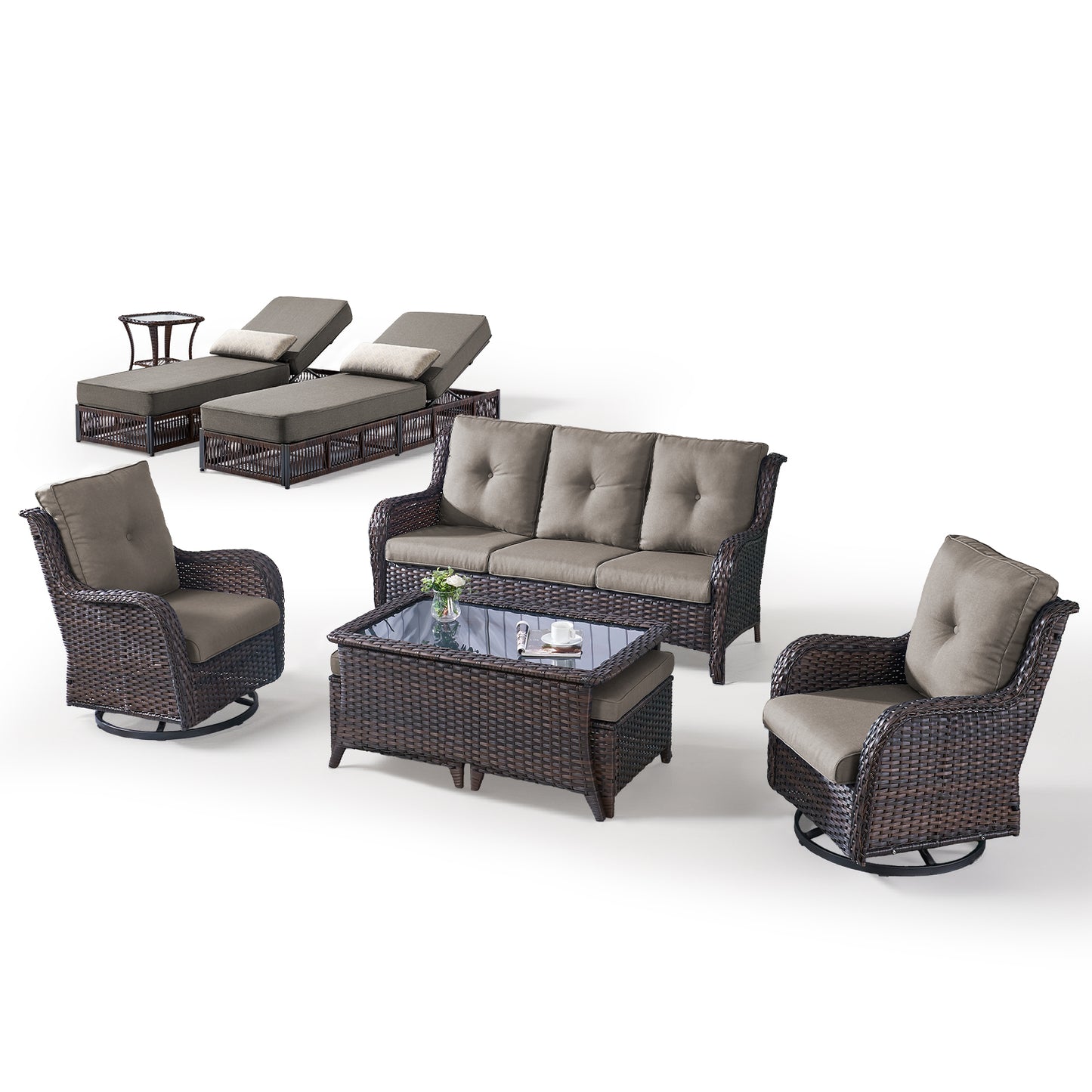 9-Piece Wicker Patio Lounge Set – Sofa, 2 Swivel Rocker Chairs, Coffee Table, 2 Ottomans, 2 Adjustable Chaise Lounges & Side Table, NTC Series