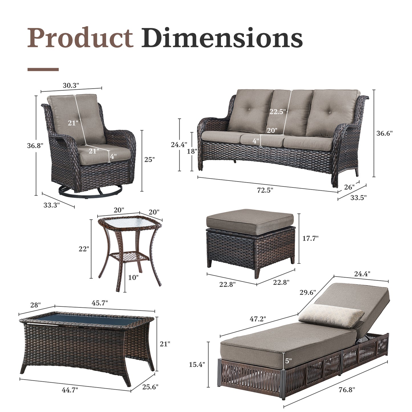 9-Piece Wicker Patio Lounge Set – Sofa, 2 Swivel Rocker Chairs, Coffee Table, 2 Ottomans, 2 Adjustable Chaise Lounges & Side Table, NTC Series