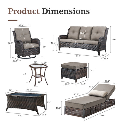 9-Piece Wicker Patio Lounge Set – Sofa, 2 Swivel Rocker Chairs, Coffee Table, 2 Ottomans, 2 Adjustable Chaise Lounges & Side Table, NTC Series