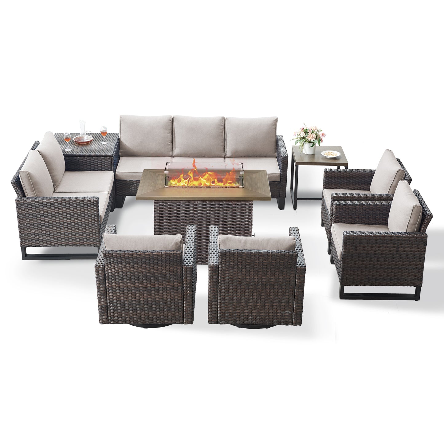Belord 11-Piece Patio Conversation Set with Fire Pit Table – Outdoor Sectional with Left & Right Corner Sofa, Swivel Chair, Accent Chair, Storage Box & Side Table, GRS Series