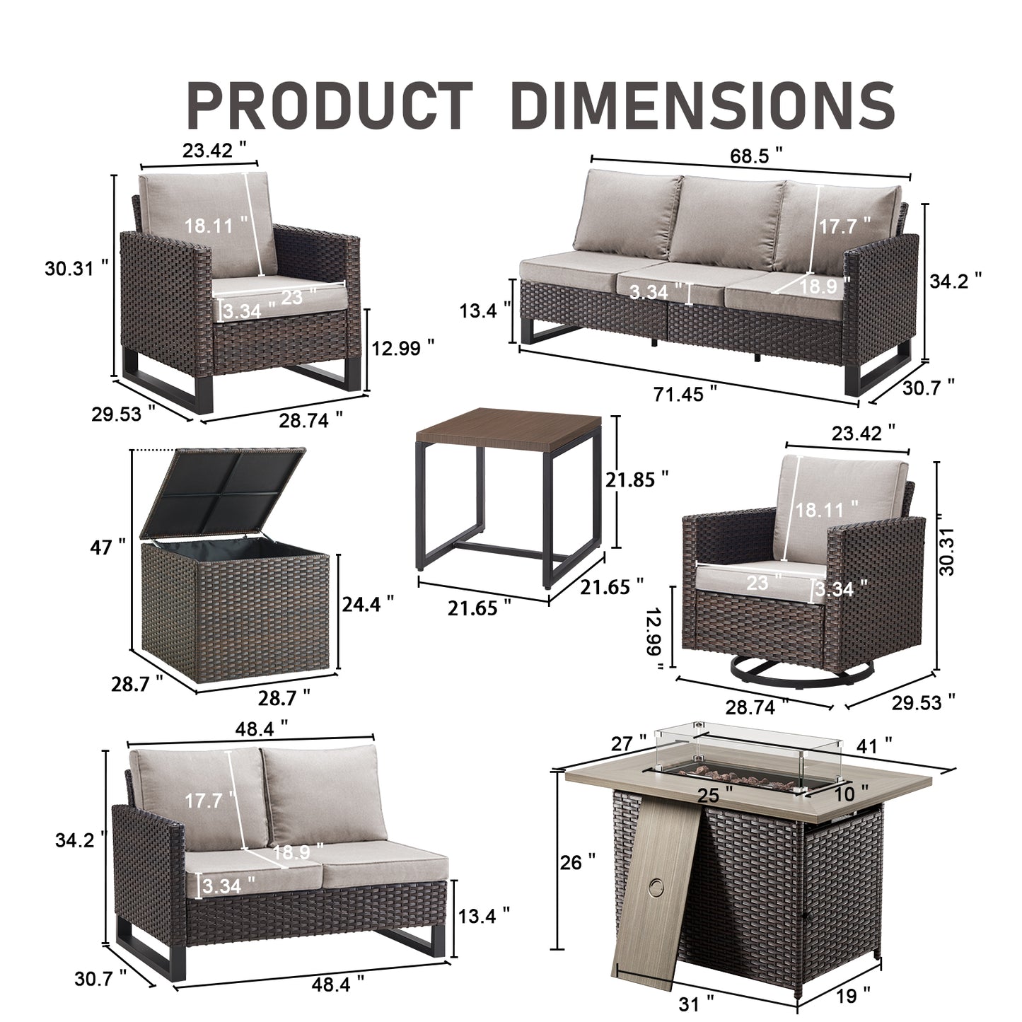 Belord 11-Piece Patio Conversation Set with Fire Pit Table – Outdoor Sectional with Left & Right Corner Sofa, Swivel Chair, Accent Chair, Storage Box & Side Table, GRS Series