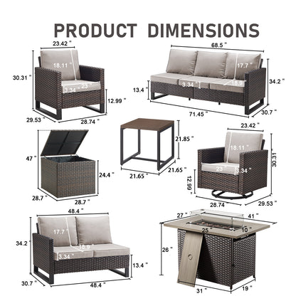 Belord 11-Piece Patio Conversation Set with Fire Pit Table – Outdoor Sectional with Left & Right Corner Sofa, Swivel Chair, Accent Chair, Storage Box & Side Table, GRS Series