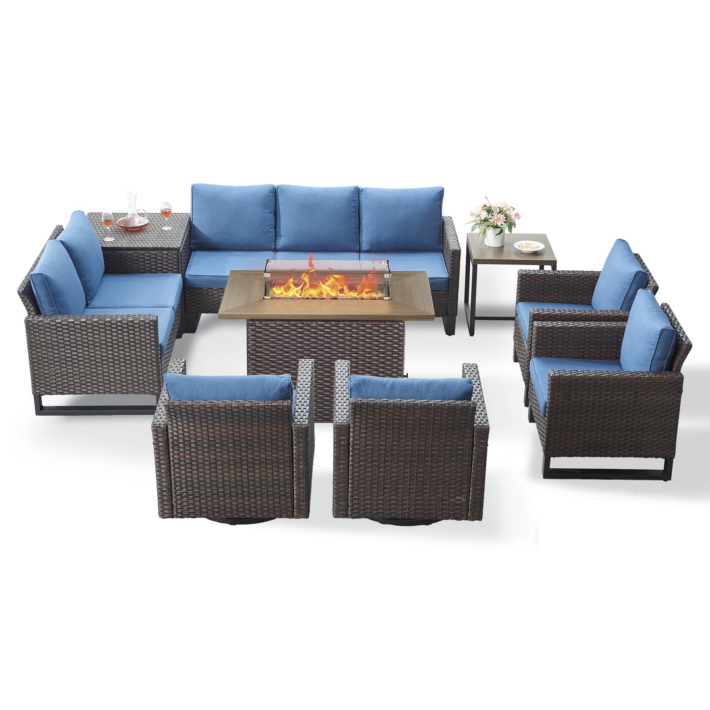 Belord 11-Piece Patio Conversation Set with Fire Pit Table – Outdoor Sectional with Left & Right Corner Sofa, Swivel Chair, Accent Chair, Storage Box & Side Table, GRS Series