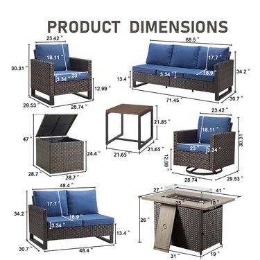 11-Piece Patio Sectional Set with Fire Pit Table & Storage, GRS Series