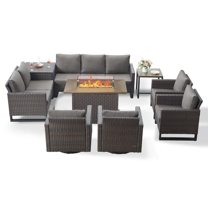 Belord 11-Piece Patio Conversation Set with Fire Pit Table – Outdoor Sectional with Left & Right Corner Sofa, Swivel Chair, Accent Chair, Storage Box & Side Table, GRS Series