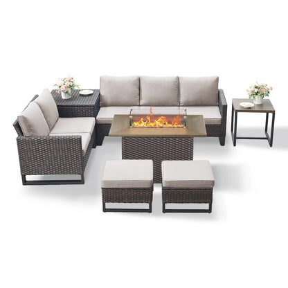 Patio Conversation Set with Fire Pit Table – Outdoor Sectional Set with Storage Box, Ottoman & Side Table, GRS Series