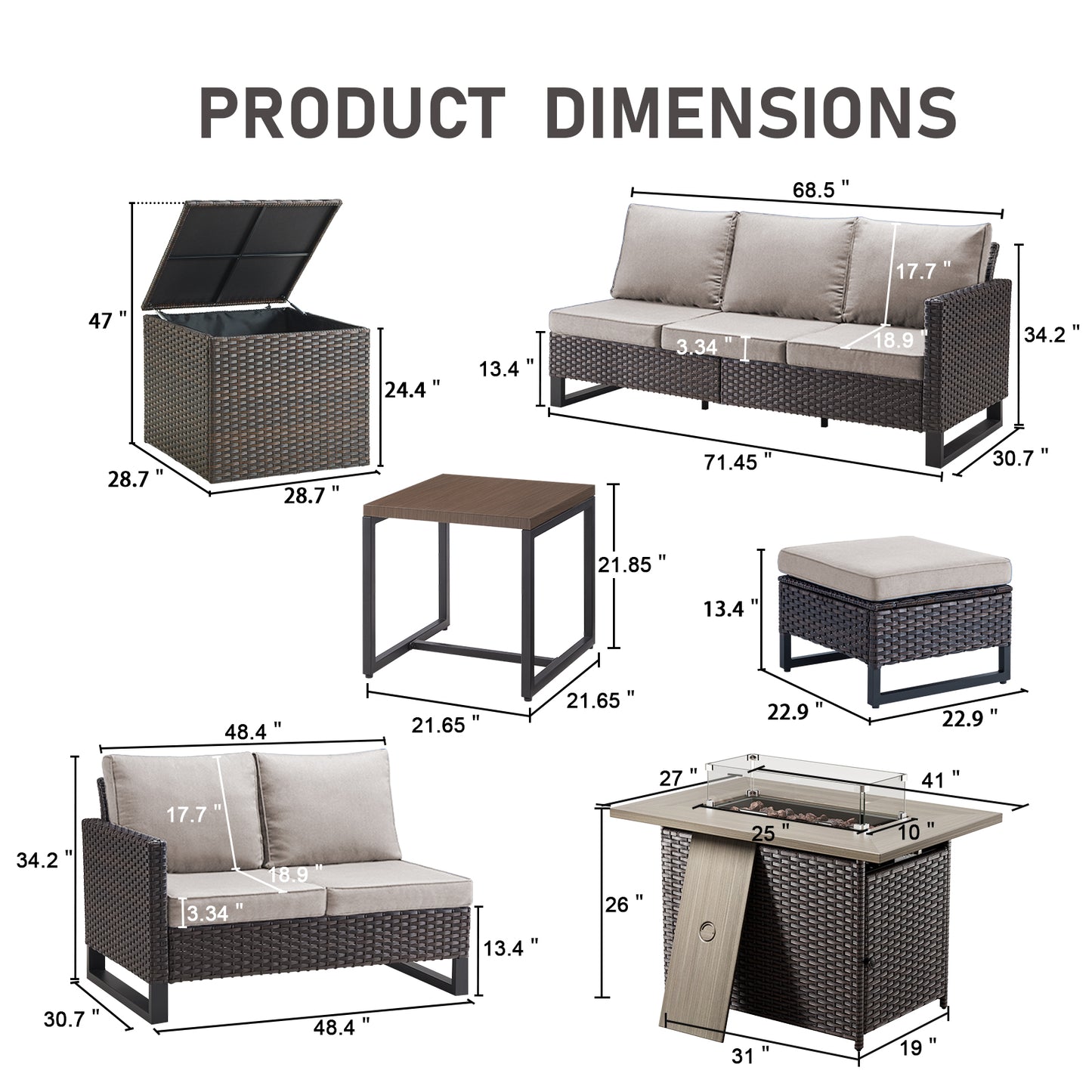Patio Conversation Set with Fire Pit Table – Outdoor Sectional Set with Storage Box, Ottoman & Side Table, GRS Series