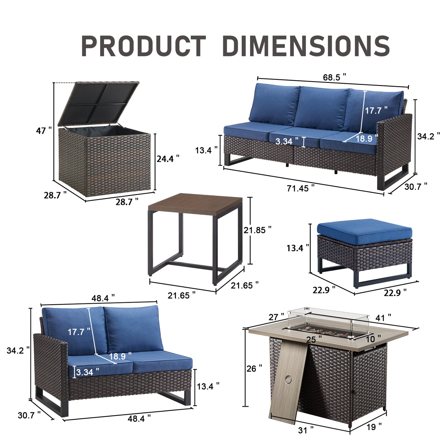 Patio Conversation Set with Fire Pit Table – Outdoor Sectional Set with Storage Box, Ottoman & Side Table, GRS Series