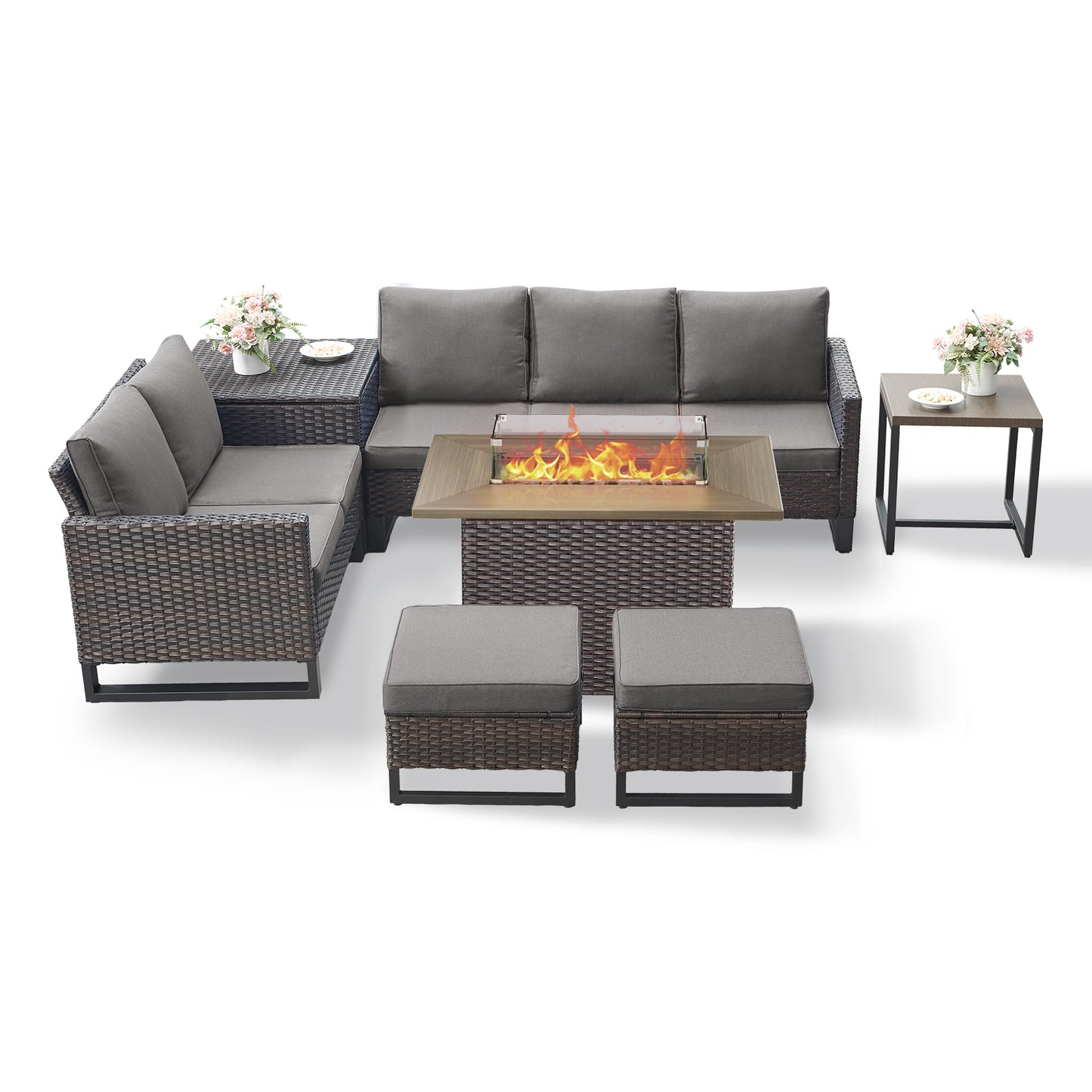 Patio Conversation Set with Fire Pit Table – Outdoor Sectional Set with Storage Box, Ottoman & Side Table, GRS Series