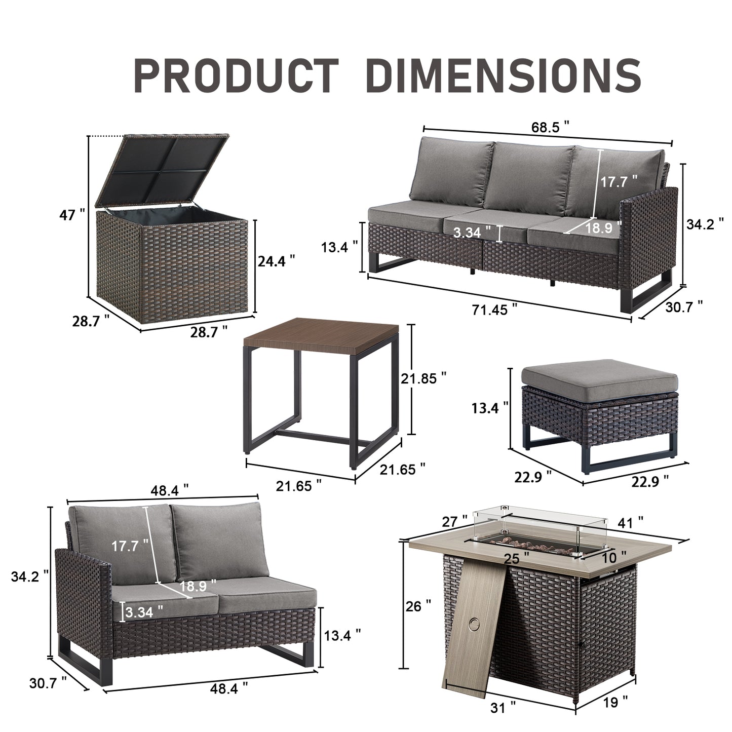 Patio Conversation Set with Fire Pit Table – Outdoor Sectional Set with Storage Box, Ottoman & Side Table, GRS Series