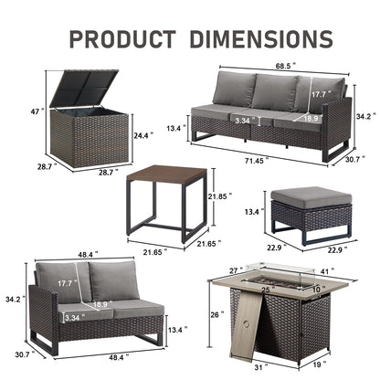 Patio Conversation Set with Fire Pit Table – Outdoor Sectional Set with Storage Box, Ottoman & Side Table, GRS Series