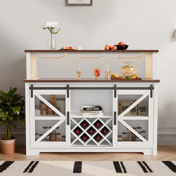 Save 50% - 55" Wide Farmhouse Coffee Bar Cabinet with LED Lighting – Sliding Barn Door Buffet with Wine & Glass Storage for Kitchen or Dining Room
