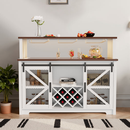 Save 50% - 55" Wide Farmhouse Coffee Bar Cabinet with LED Lighting – Sliding Barn Door Buffet with Wine & Glass Storage for Kitchen or Dining Room