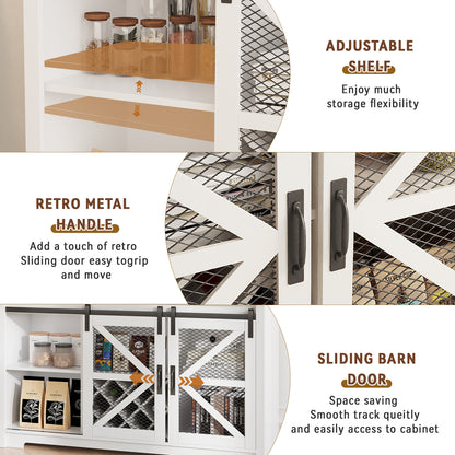 Save 50% - 55" Wide Farmhouse Coffee Bar Cabinet with LED Lighting – Sliding Barn Door Buffet with Wine & Glass Storage for Kitchen or Dining Room