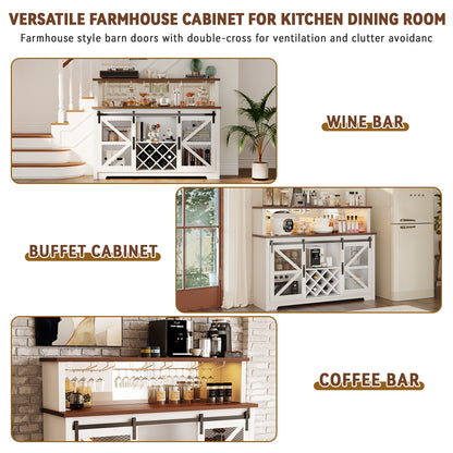 Save 50% - 55" Wide Farmhouse Coffee Bar Cabinet with LED Lighting – Sliding Barn Door Buffet with Wine & Glass Storage for Kitchen or Dining Room