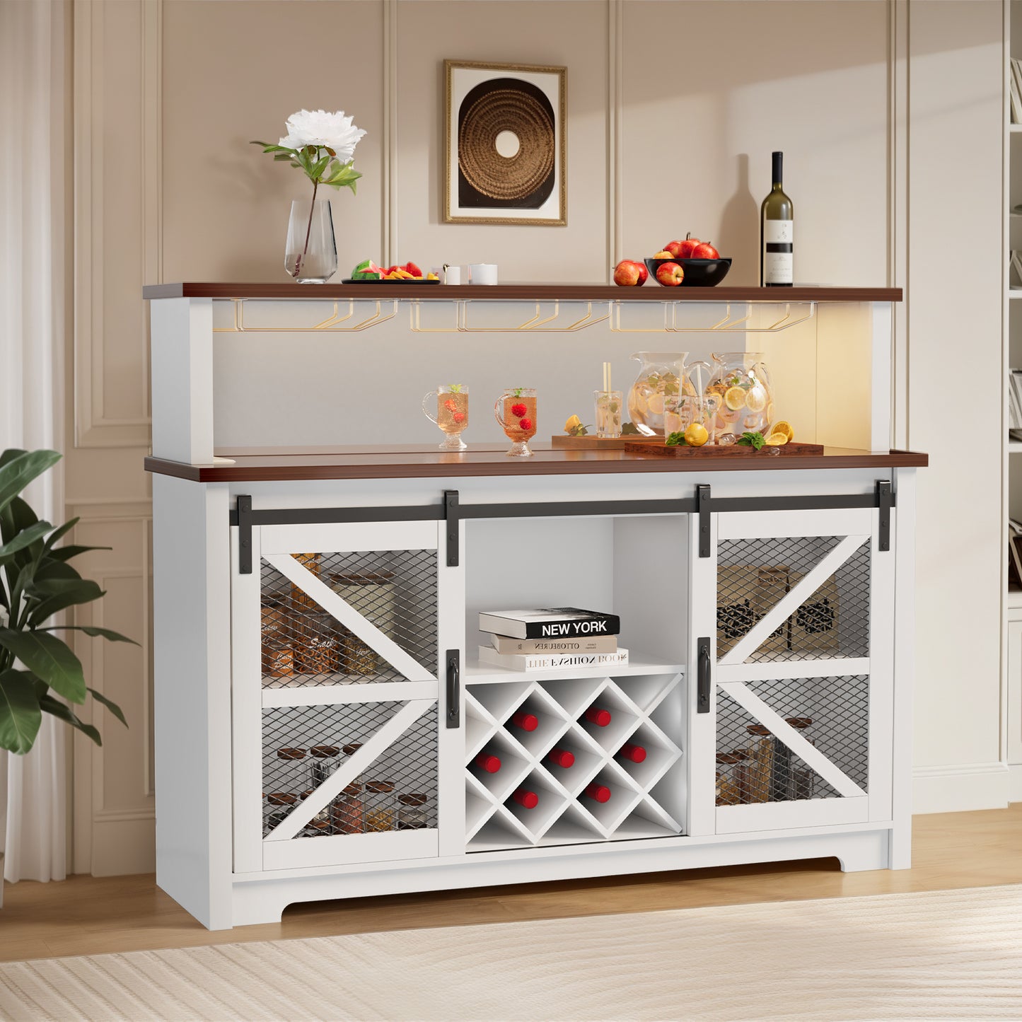 Save 50% - 55" Wide Farmhouse Coffee Bar Cabinet with LED Lighting – Sliding Barn Door Buffet with Wine & Glass Storage for Kitchen or Dining Room