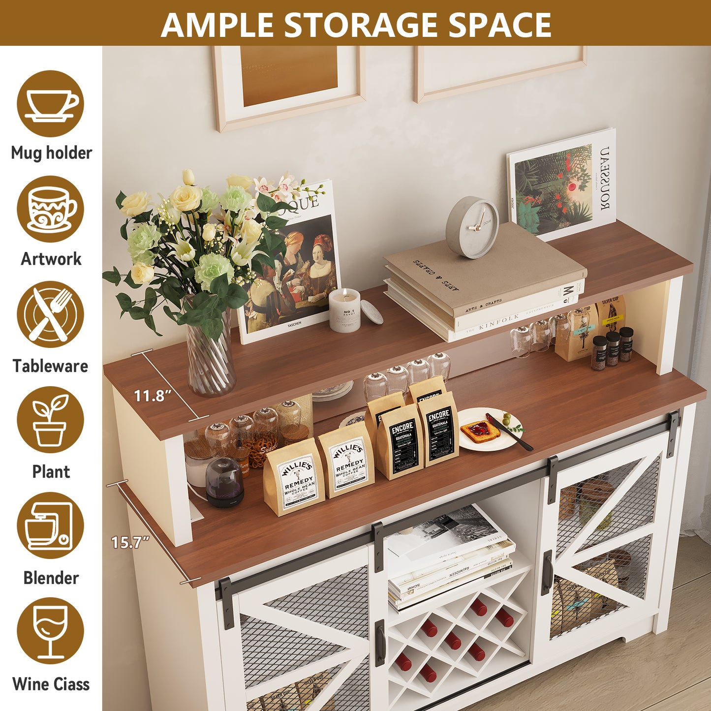 Save 50% - 55" Wide Farmhouse Coffee Bar Cabinet with LED Lighting – Sliding Barn Door Buffet with Wine & Glass Storage for Kitchen or Dining Room