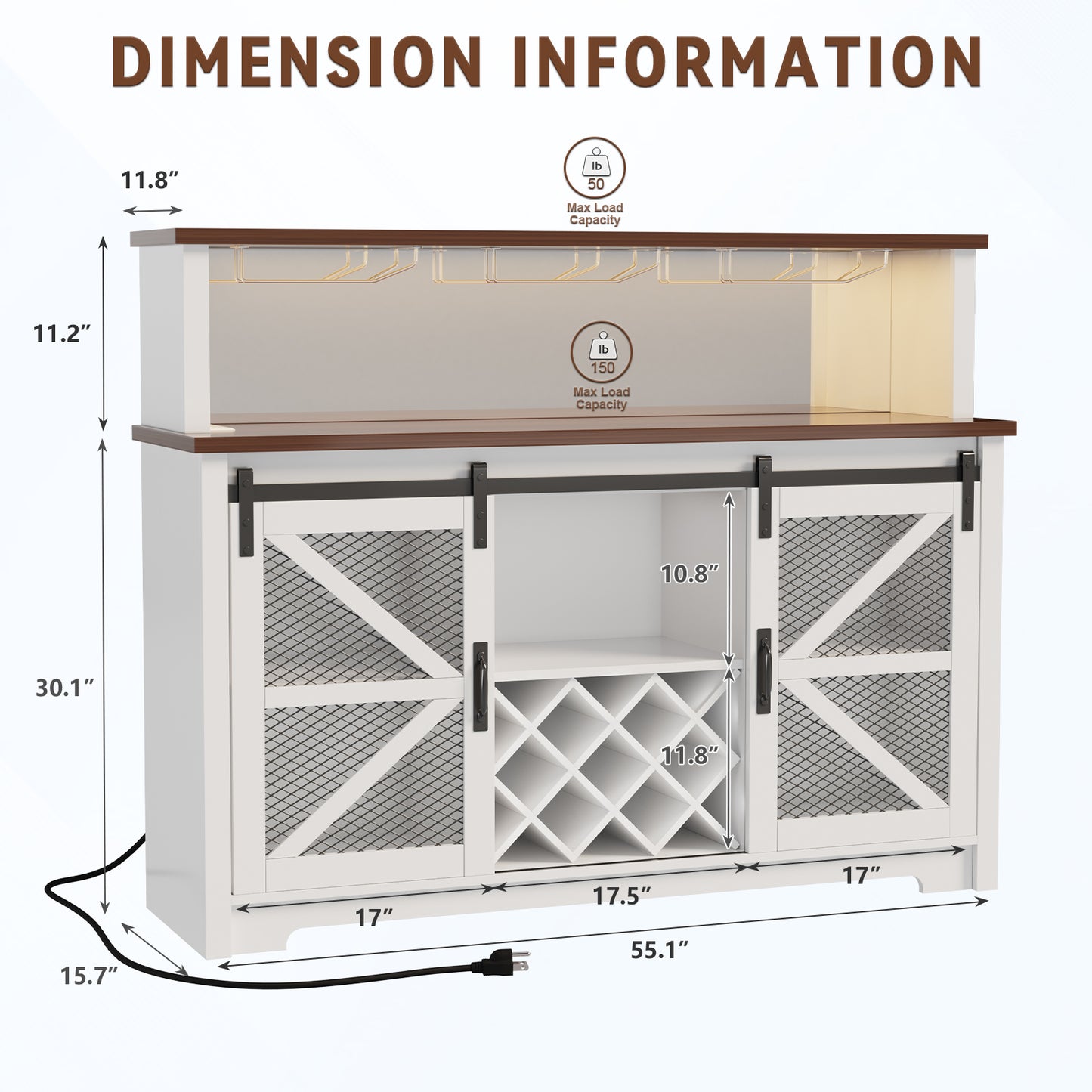 Save 50% - 55" Wide Farmhouse Coffee Bar Cabinet with LED Lighting – Sliding Barn Door Buffet with Wine & Glass Storage for Kitchen or Dining Room