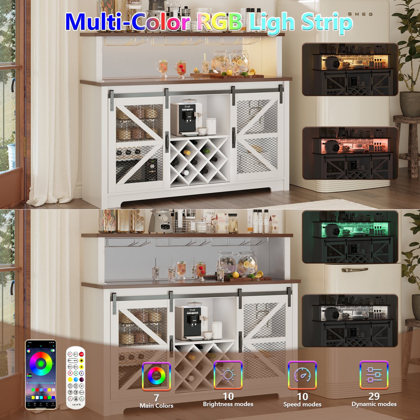 Save 50% - 55" Wide Farmhouse Coffee Bar Cabinet with LED Lighting – Sliding Barn Door Buffet with Wine & Glass Storage for Kitchen or Dining Room