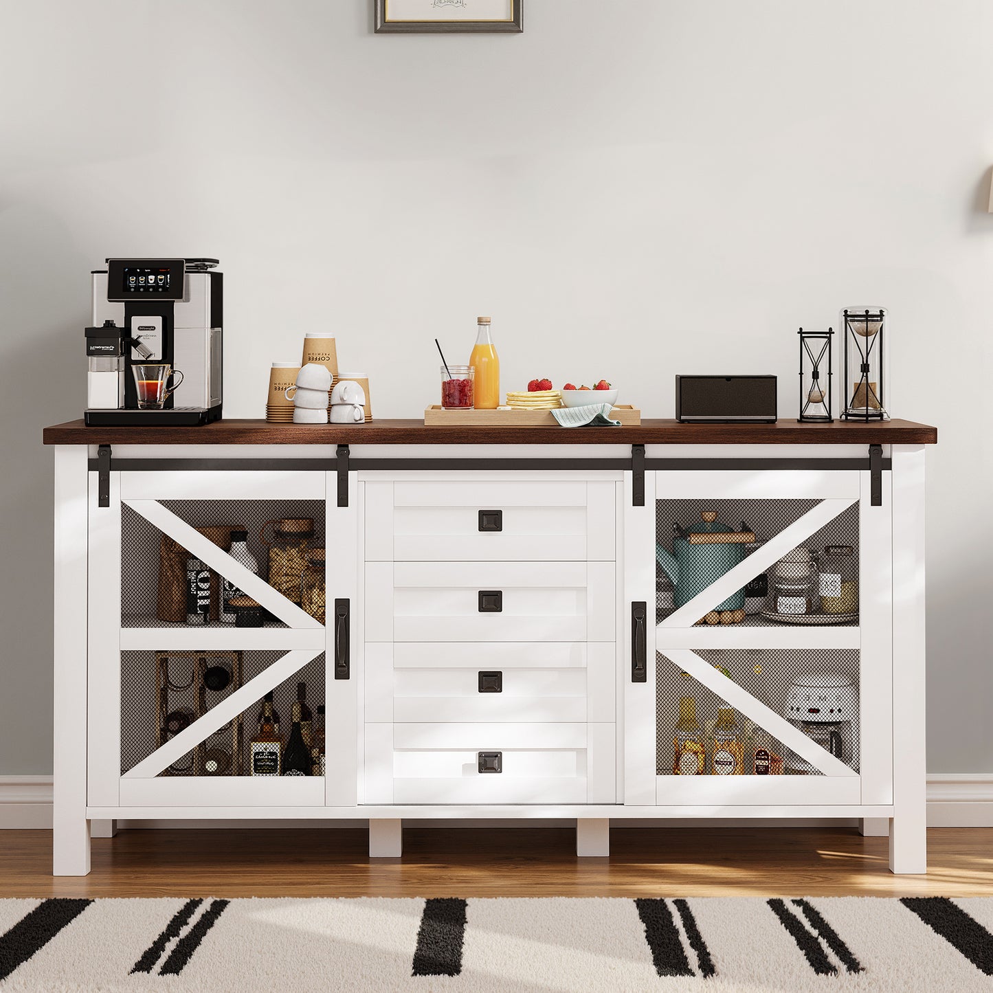 Save 50% - 60" Farmhouse Coffee Bar Sideboard with Sliding Barn Doors, 4-Drawer Buffet Storage Cabinet for Kitchen and Living Room