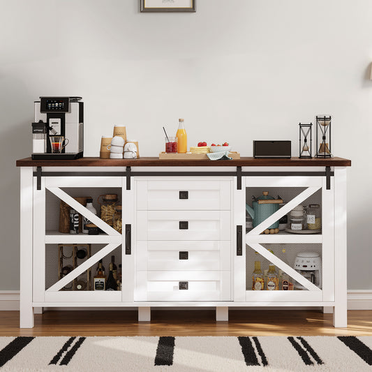 Save 50% - 60" Farmhouse Coffee Bar Sideboard with Sliding Barn Doors, 4-Drawer Buffet Storage Cabinet for Kitchen and Living Room