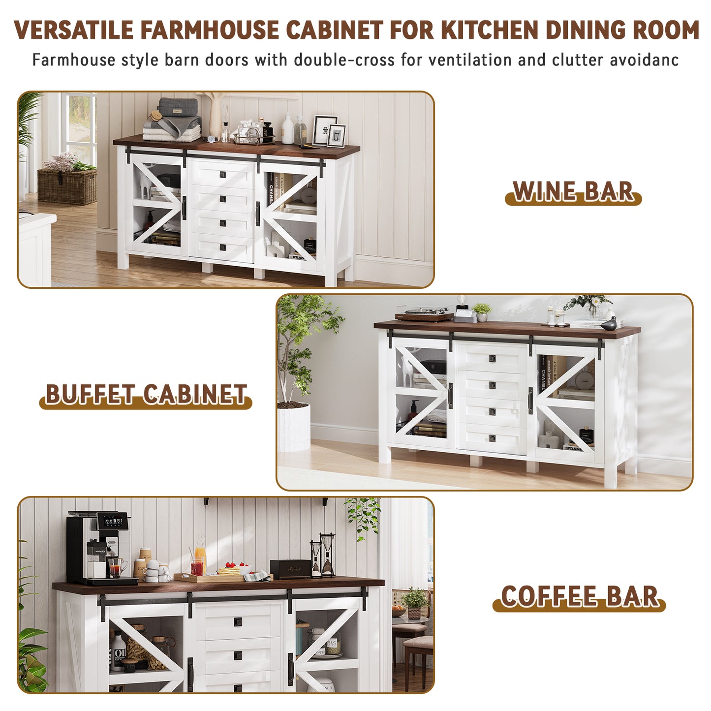 Save 50% - 60" Farmhouse Coffee Bar Sideboard with Sliding Barn Doors, 4-Drawer Buffet Storage Cabinet for Kitchen and Living Room