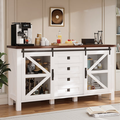 Save 50% - 60" Farmhouse Coffee Bar Sideboard with Sliding Barn Doors, 4-Drawer Buffet Storage Cabinet for Kitchen and Living Room