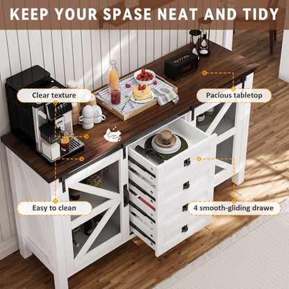 Save 50% - 60" Farmhouse Coffee Bar Sideboard with Sliding Barn Doors, 4-Drawer Buffet Storage Cabinet for Kitchen and Living Room