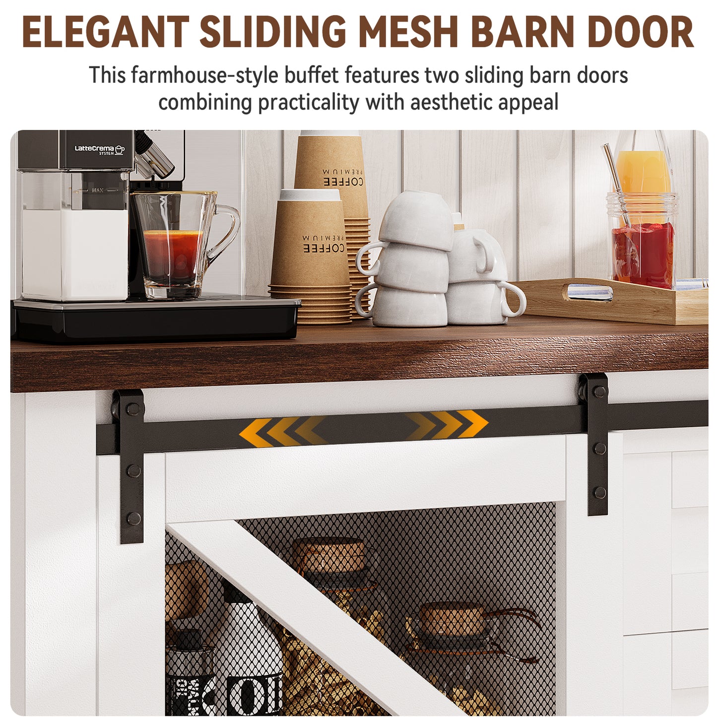 Save 50% - 60" Farmhouse Coffee Bar Sideboard with Sliding Barn Doors, 4-Drawer Buffet Storage Cabinet for Kitchen and Living Room