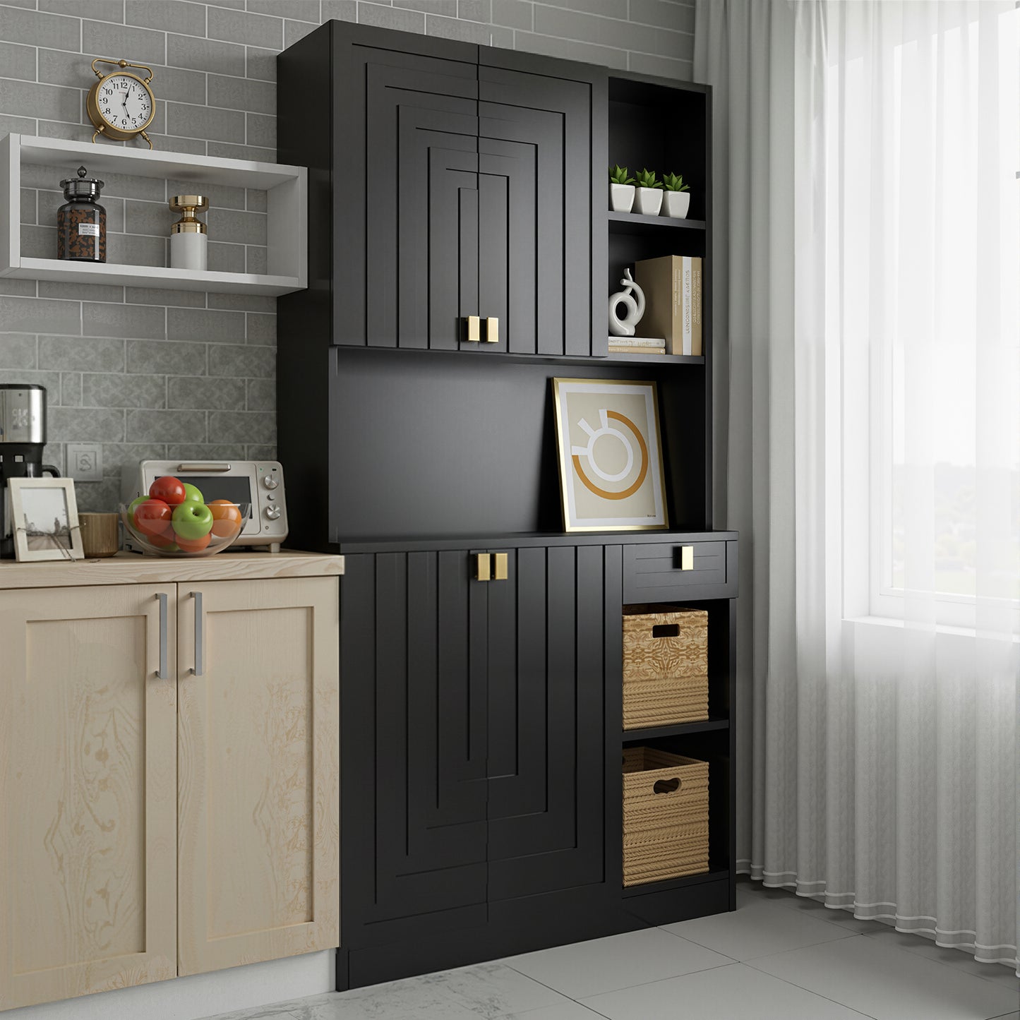 Save 50% - 71" Kitchen Pantry Cabinet with Power Outlet & Microwave Stand, High Gloss Buffet Organizer with Adjustable Shelves