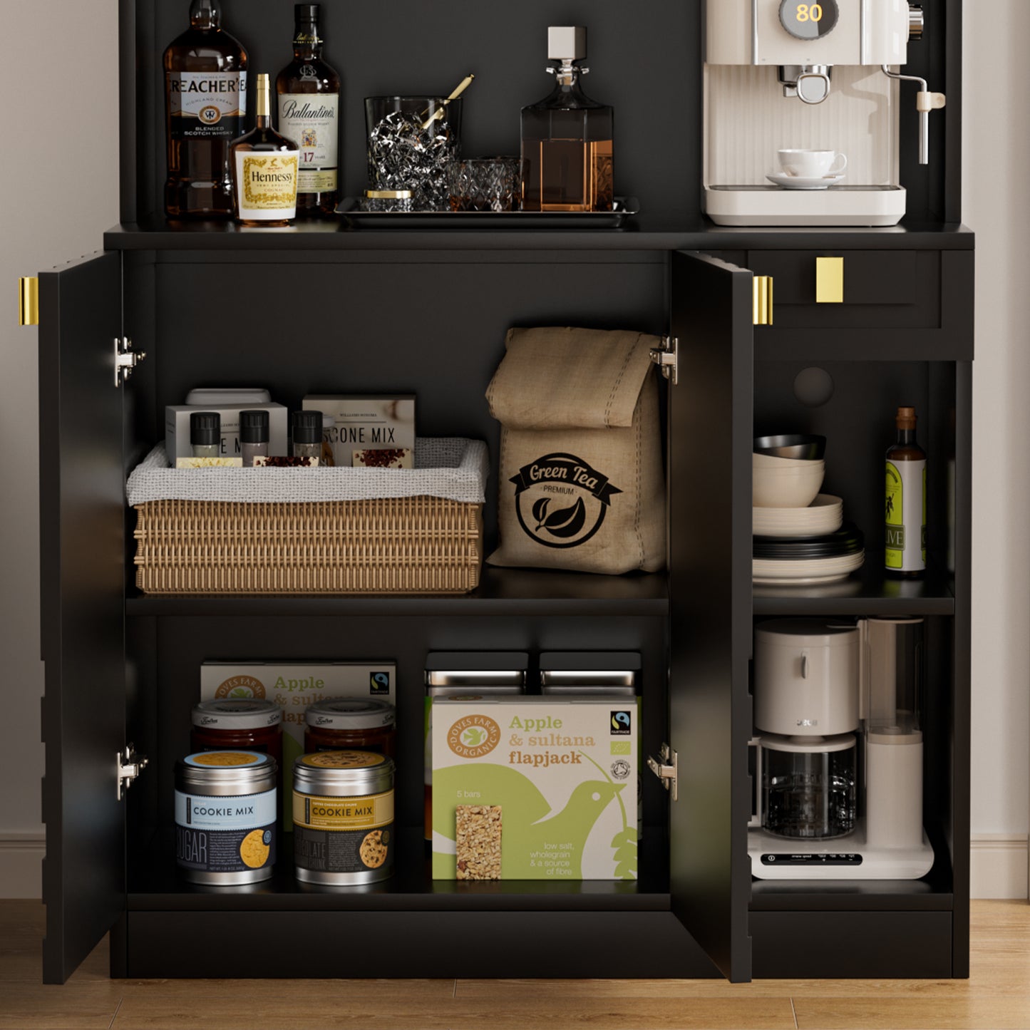 Save 50% - 71" Kitchen Pantry Cabinet with Power Outlet & Microwave Stand, High Gloss Buffet Organizer with Adjustable Shelves