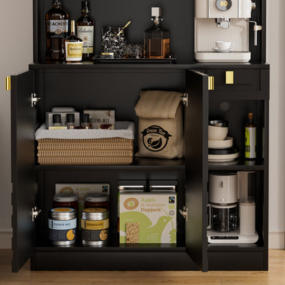 Save 50% - 71" Kitchen Pantry Cabinet with Power Outlet & Microwave Stand, High Gloss Buffet Organizer with Adjustable Shelves