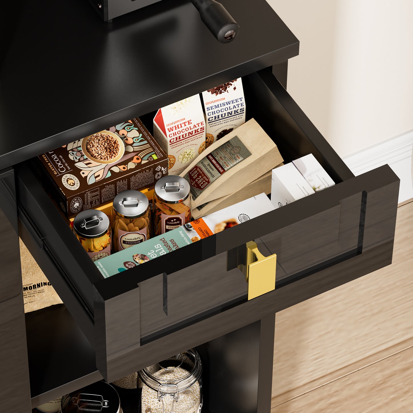 Save 50% - 71" Kitchen Pantry Cabinet with Power Outlet & Microwave Stand, High Gloss Buffet Organizer with Adjustable Shelves