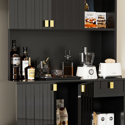 Save 50% - 71" Kitchen Pantry Cabinet with Power Outlet & Microwave Stand, High Gloss Buffet Organizer with Adjustable Shelves