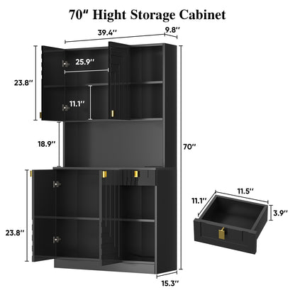 Save 50% - 71" Kitchen Pantry Cabinet with Power Outlet & Microwave Stand, High Gloss Buffet Organizer with Adjustable Shelves