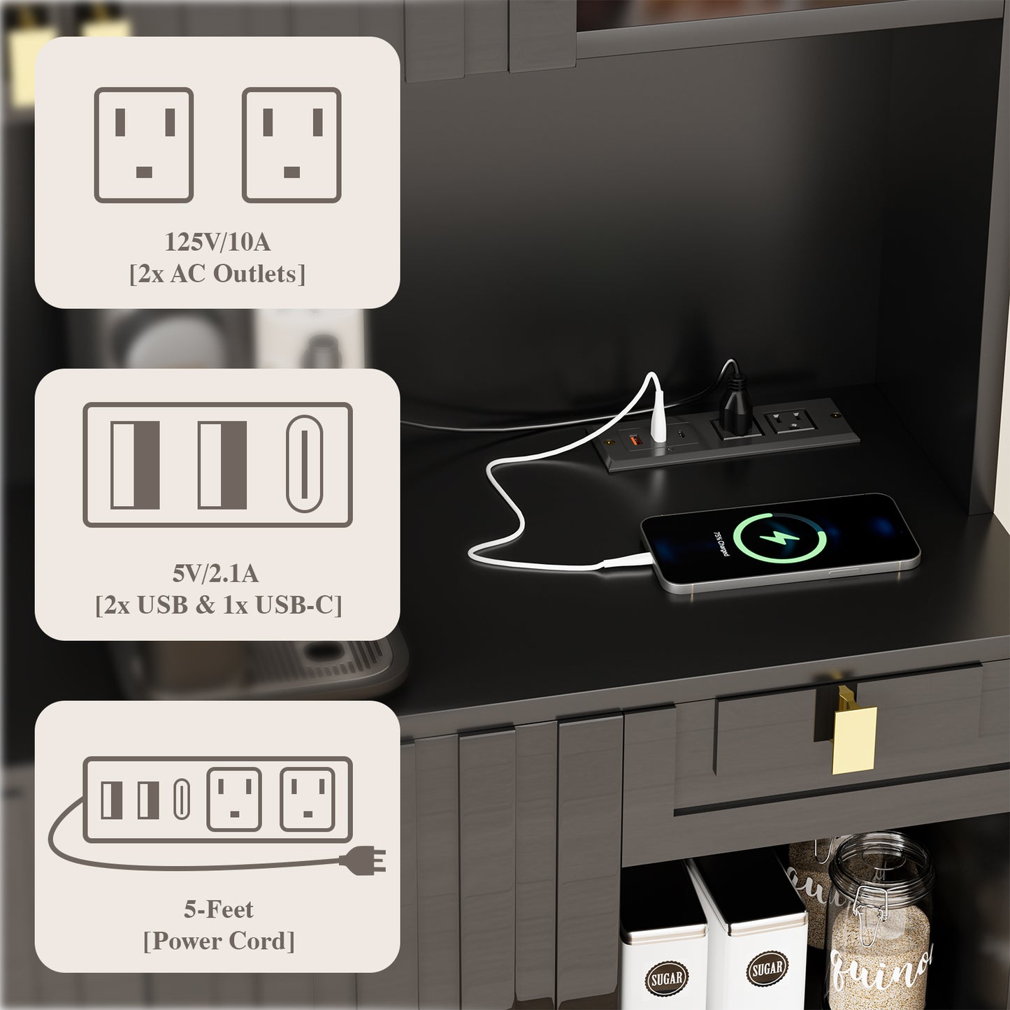 Save 50% - 71" Kitchen Pantry Cabinet with Power Outlet & Microwave Stand, High Gloss Buffet Organizer with Adjustable Shelves