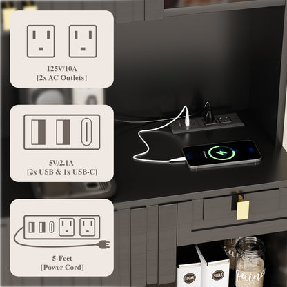 Save 50% - 71" Kitchen Pantry Cabinet with Power Outlet & Microwave Stand, High Gloss Buffet Organizer with Adjustable Shelves