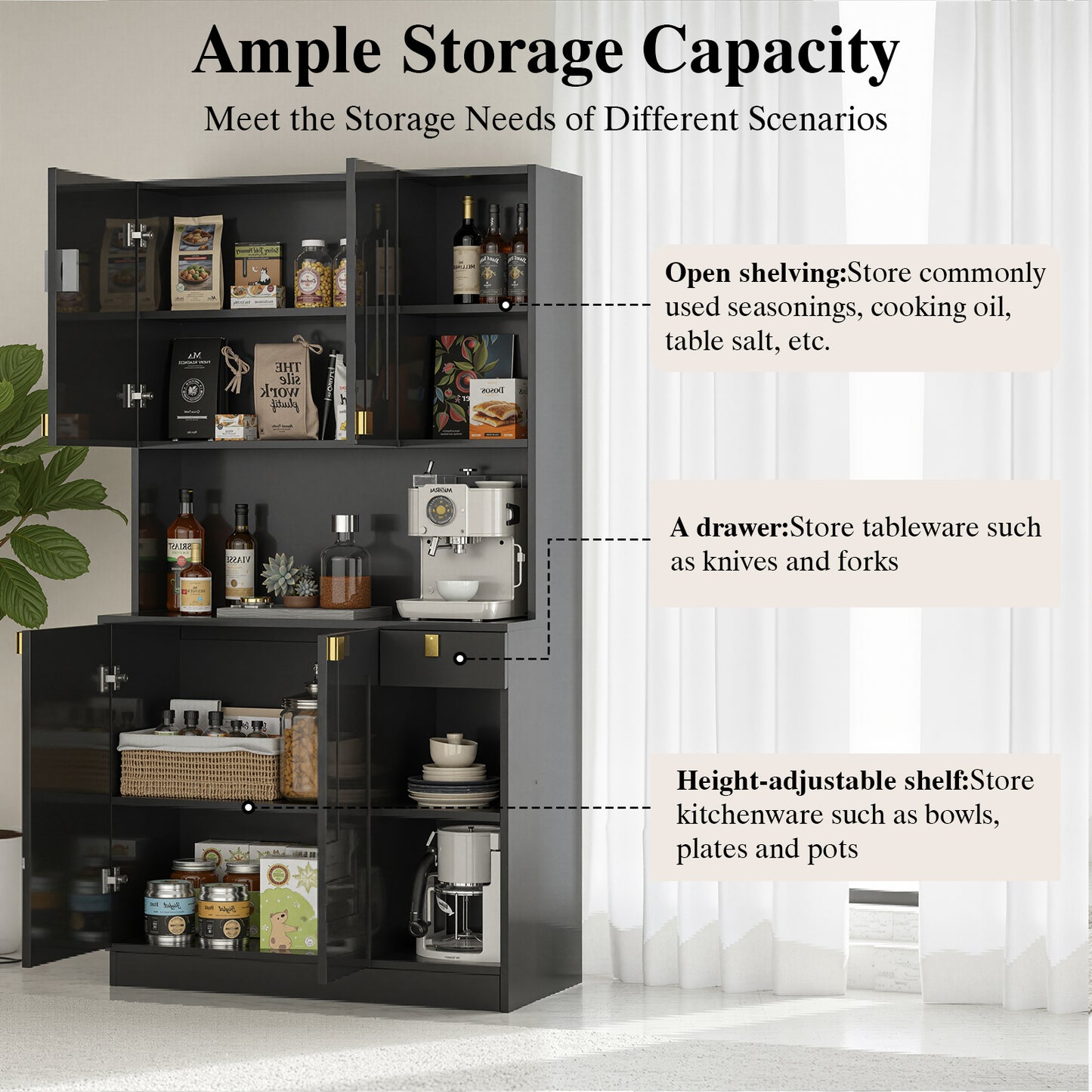 Save 50% - 71" Kitchen Pantry Cabinet with Power Outlet & Microwave Stand, High Gloss Buffet Organizer with Adjustable Shelves