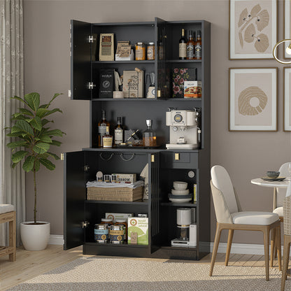Save 50% - 71" Kitchen Pantry Cabinet with Power Outlet & Microwave Stand, High Gloss Buffet Organizer with Adjustable Shelves