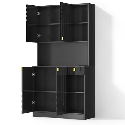 Save 50% - 71" Kitchen Pantry Cabinet with Power Outlet & Microwave Stand, High Gloss Buffet Organizer with Adjustable Shelves