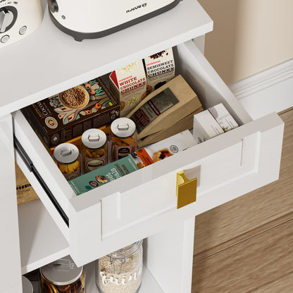 Save 50% - 71" Kitchen Pantry Cabinet with Power Outlet & Microwave Stand, High Gloss Buffet Organizer with Adjustable Shelves