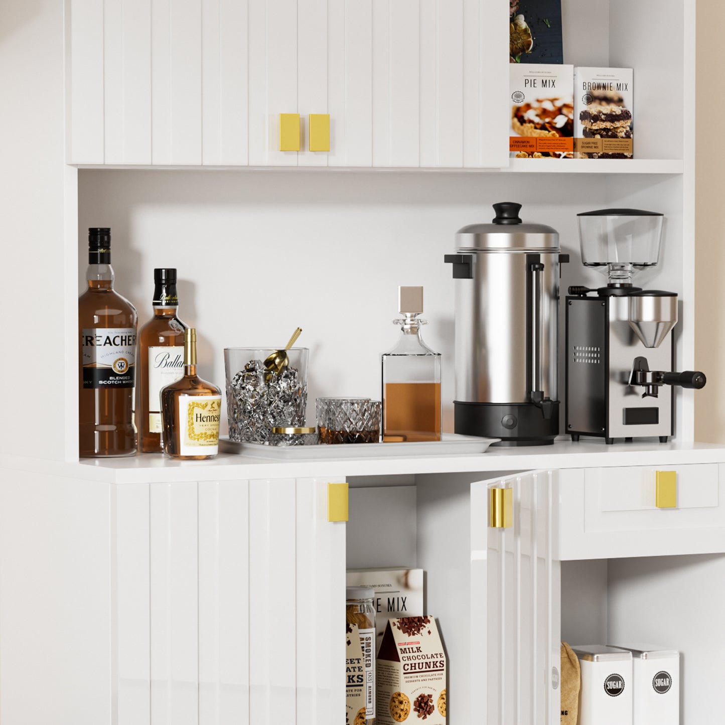 Save 50% - 71" Kitchen Pantry Cabinet with Power Outlet & Microwave Stand, High Gloss Buffet Organizer with Adjustable Shelves