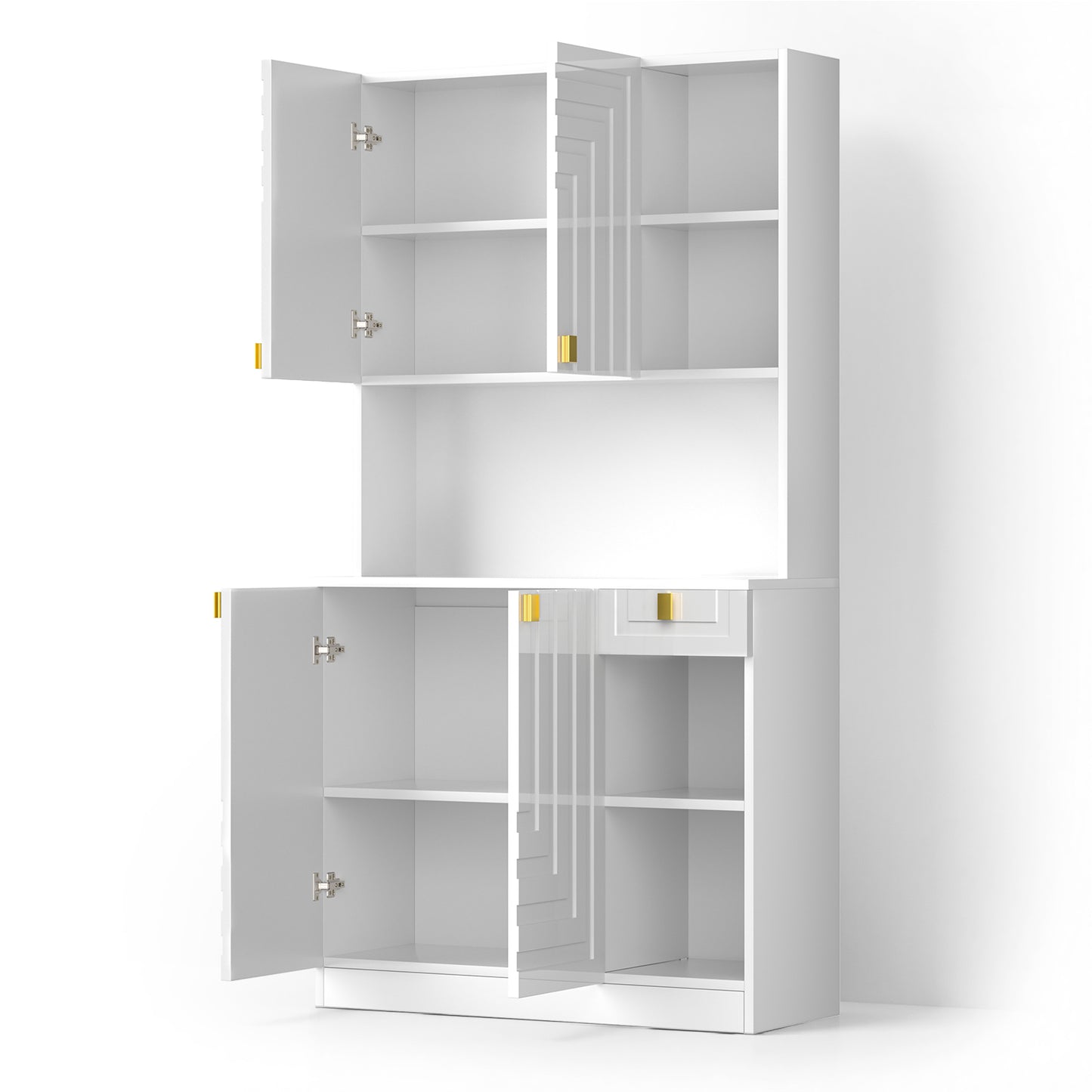 Save 50% - 71" Kitchen Pantry Cabinet with Power Outlet & Microwave Stand, High Gloss Buffet Organizer with Adjustable Shelves