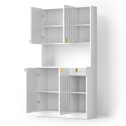 Save 50% - 71" Kitchen Pantry Cabinet with Power Outlet & Microwave Stand, High Gloss Buffet Organizer with Adjustable Shelves