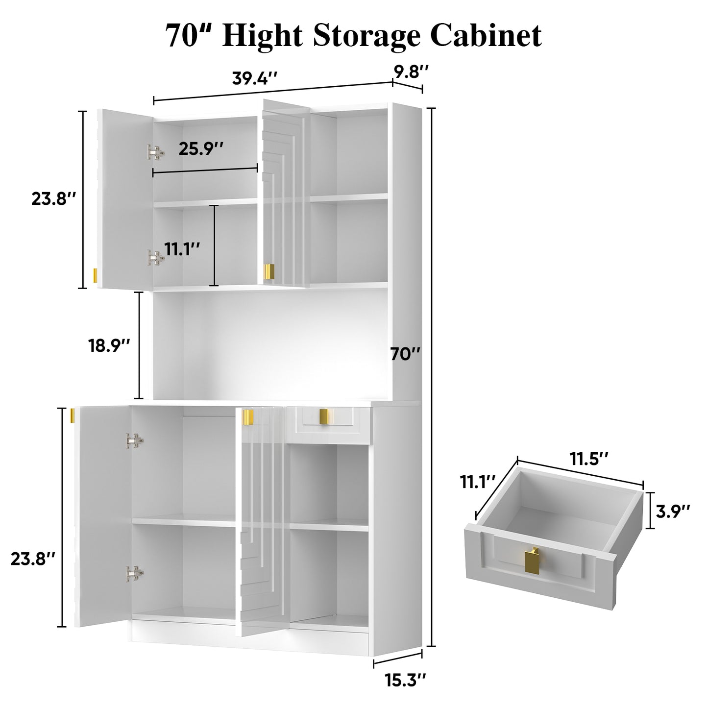 Save 50% - 71" Kitchen Pantry Cabinet with Power Outlet & Microwave Stand, High Gloss Buffet Organizer with Adjustable Shelves