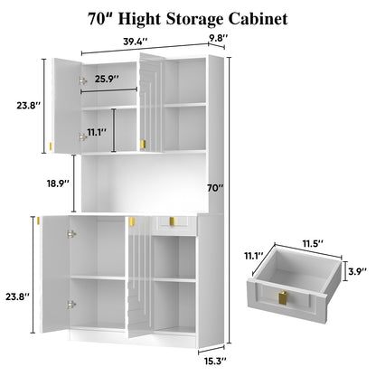 Save 50% - 71" Kitchen Pantry Cabinet with Power Outlet & Microwave Stand, High Gloss Buffet Organizer with Adjustable Shelves