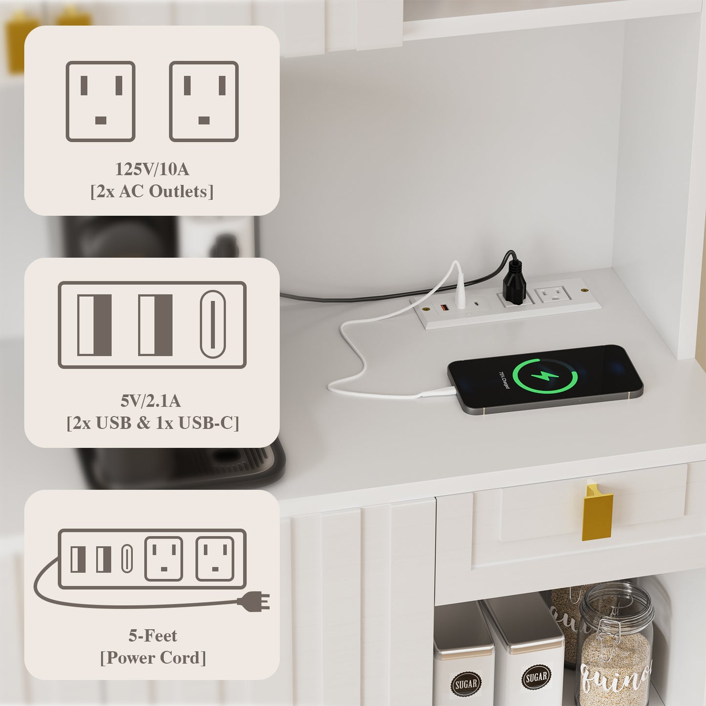 Save 50% - 71" Kitchen Pantry Cabinet with Power Outlet & Microwave Stand, High Gloss Buffet Organizer with Adjustable Shelves